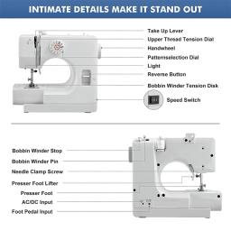 Mini máquina de costura para iniciantes, máquina de costura portátil com 12 pontos embutidos e pedal para iniciantes - Image 2
