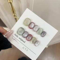 Curtas falsas unhas de acrílico, laser, arco-íris, olho de gato, feito à mão, pressione, artificial, cobertura completa, manicure, 10pcs - Image 5