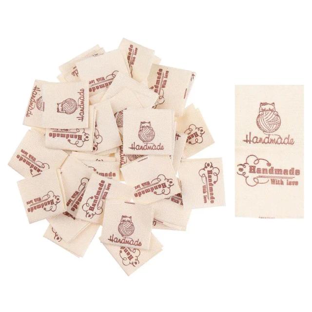 Etiquetas de Vestuário Handmade com Amor - 50 Peças de Pano com Estampa de Gato Cartoon e Coração para DIY e Acessórios de Costura