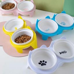 Gato tigela cerâmica com suporte alimentador de água para animais estimação elevado à prova derramamento mesa jantar gatinho filhote de cachorro comida prato alimentação esteira suprimentos para cães - Image 3