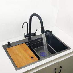 304 aço inoxidável Single Nano Kitchen Sink, Lavatório com tábua de cortar, Acima do monte, Preto fosco - Image 4