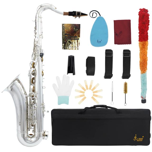Saxofone Tenor Slade-Bb Prata com Case, Acessórios e Pano de Limpeza para Jazz
