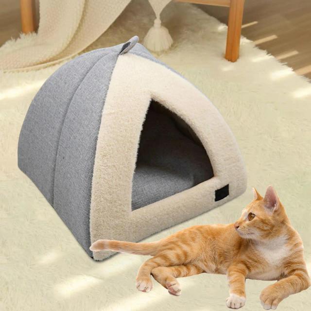 Casa de gato confortável com almofada lavável, ninho antiderrapante e cama aquecida para pequenos animais como coelhos e ouriços.
