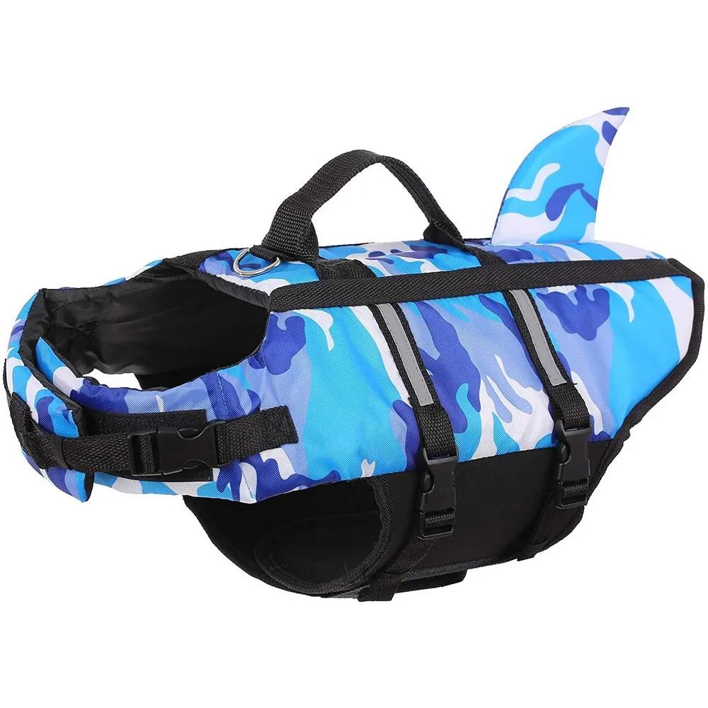 Cão de estimação colete salva-vidas roupas colete colete salva-vidas arnês cão de estimação natação verão roupa de banho roupas de camuflagem tubarão azul fúcsia - Image 1