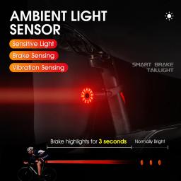 Luz traseira de bicicleta inteligente, Detecção de freio automático, MTB Road Bike, Lanterna LED à prova d'água, Lâmpada de carregamento USB - Image 3
