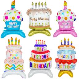 Balão de bolo de aniversário com base, balão de folha de pé, balão de bolo fofo, crianças, meninos, meninas, decoração de festa de aniversário, chá de bebê - Image 1