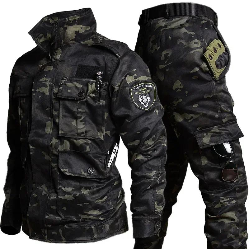 Conjuntos de caça resistentes ao desgaste dos homens camo primavera outono multi-bolso ternos de treinamento masculino treinamento ao ar livre conjunto de carga de pesca - Image 1