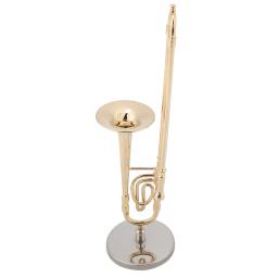 Réplica miniatura do trombone com suporte e estojo, modelo de instrumento banhado a ouro, ornamentos musicais, presente, 15cm - Image 2