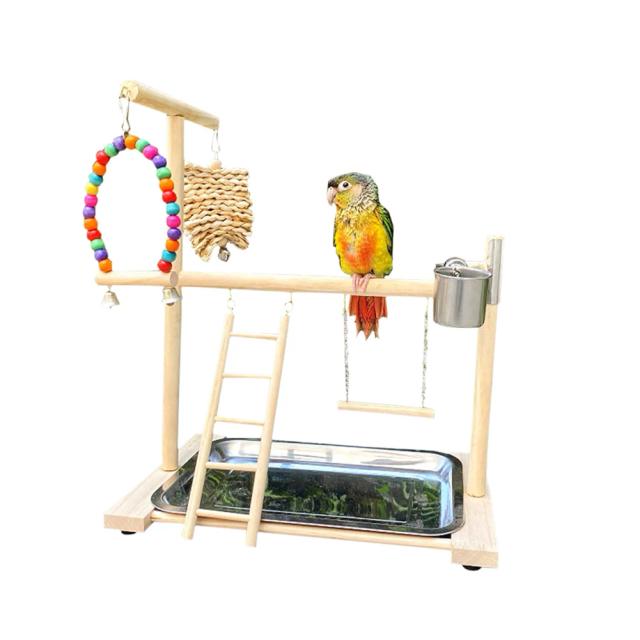 Parque Infantil de Madeira para Pássaros com Escada, Suporte para Descanso, Copos de Alimentação e Balanço para Exercícios - Ideal para Periquitos, Calopsitas e Lovebirds