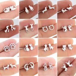 Brincos de animais dos desenhos animados para mulheres, Aço Inoxidável Múltiplo, Cat Stud, Small Dog Paw Ear Studs, Jóias Engraçadas, Oorbellen - Image 1