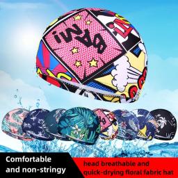 Boné de natação de pano estampado para homens e mulheres, boné de natação, secagem rápida, respirável, moda adulta, 1pc - Image 2