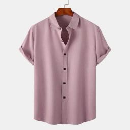 Camisa respirável de manga curta masculina, gola lapela, design solto, top de cor sólida para conforto, verão - Image 2