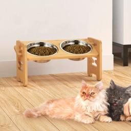 Tigelas de bambu ajustáveis para cães, Dog Feeder Stand, tigelas de aço inoxidável para cachorros e gatos, acessórios para animais de estimação - Image 2