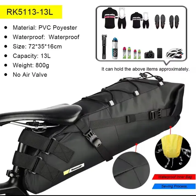 Saddle Bag Impermeável Dobrável para Bicicletas MTB e de Estrada, Acessório Traseiro para Ciclismo, Disponível em 10L e 13L