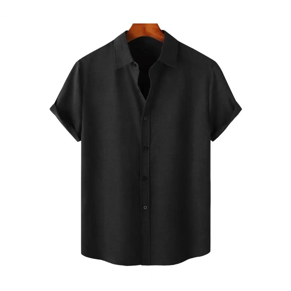 Camisa respirável de manga curta masculina, gola lapela, design solto, top de cor sólida para conforto, verão - Image 1