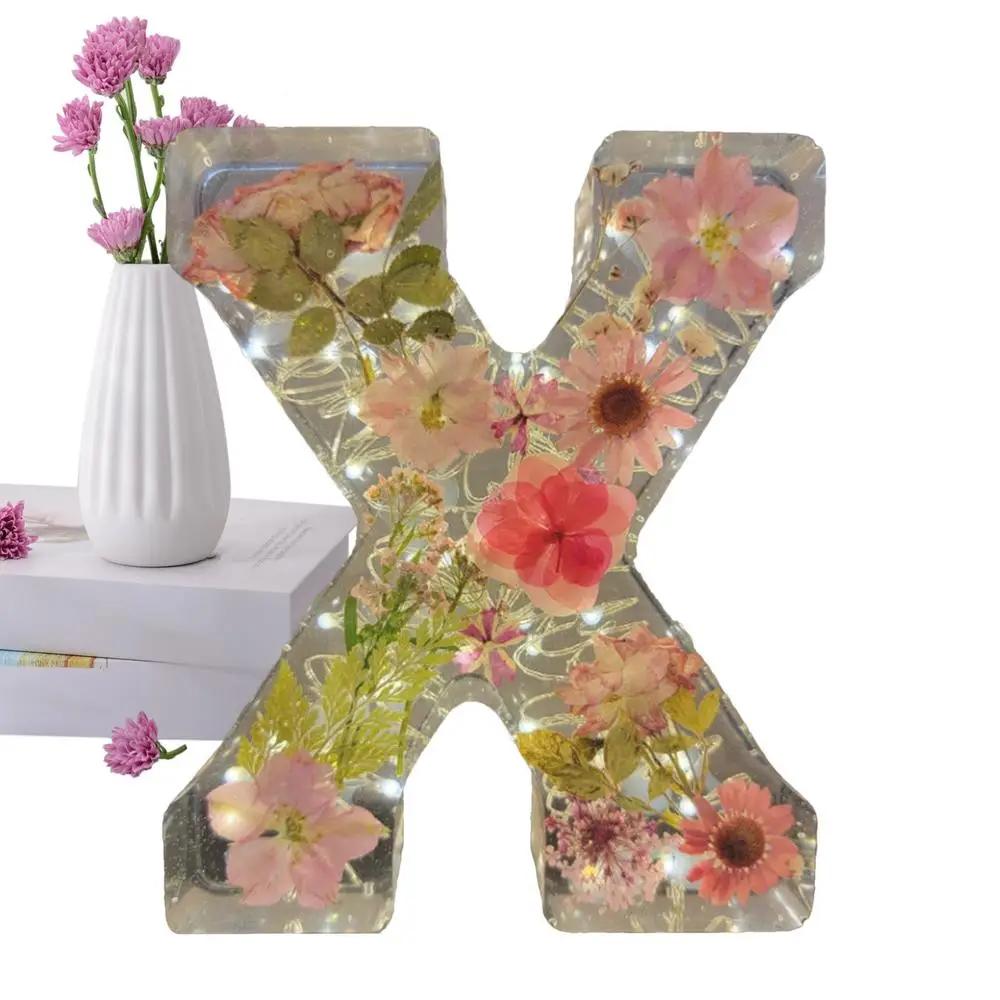 Luzes decorativas florais da noite, Lâmpada de resina com letra inicial, flor seca, ornamentos criativos, decoração de lâmpada de mesa - Image 1