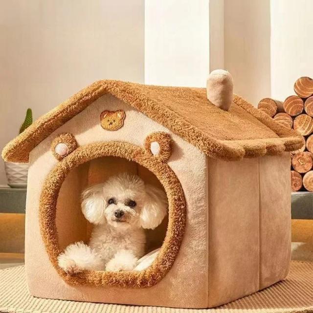 Cama Aconchegante para Cães e Gatos com Tenda Fechada, Almofada Removível e Ideal para Inverno