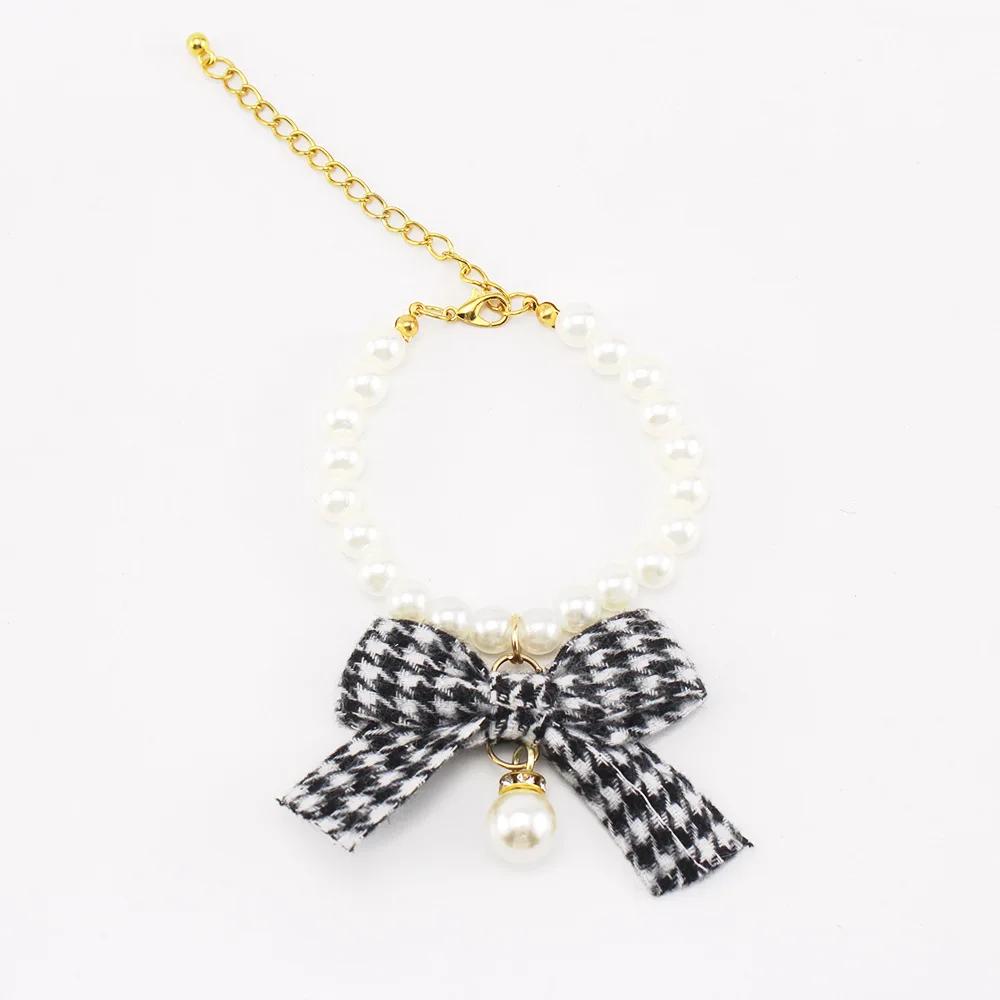 Colar de pérolas para gatos e cachorrinhos, faixa ajustável estilo houndstooth, acessórios para cães, coleira, presentes de Natal - Image 1