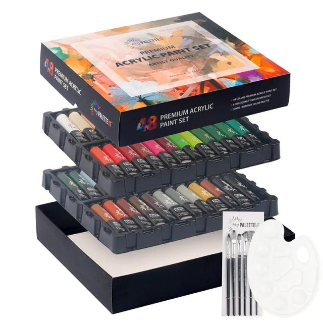 Conjunto de Tintas Acrílicas Rápida Secagem com 48 Cores e 6 Pincéis para Pintura Infantil e Hobby