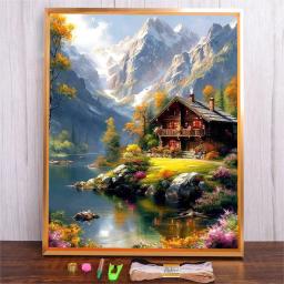 Kit bordado com padrões e instruções, Mountain House Ponto Cruz Conjunto para Iniciantes, DIY Adulto Iniciante com Paisagem - Image 1