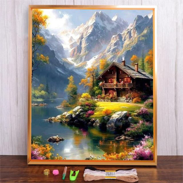 Conjunto de Bordado Mountain House: Padrões e Instruções Para Iniciantes em Ponto Cruz DIY