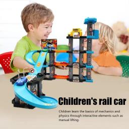 Estacionamento para construção de vagões ferroviários para crianças, Aventura Racing Rail Car Toys, Montagem do cérebro, Brinquedos interativos para carros ferroviários Garage Track - Image 1