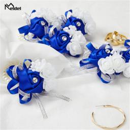 Conjunto de 6 corsagens de pulso rosa azul real flores para o casamento prom nupcial dama de honra menina mãe mulher rosa pulseira mão flores - Image 1