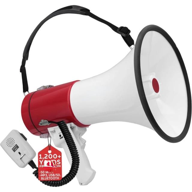 Megafone Portátil com Sirene Integrada e Controle de Volume - Alcance de 1200 Jardas, 50W, Ideal para Uso Externo