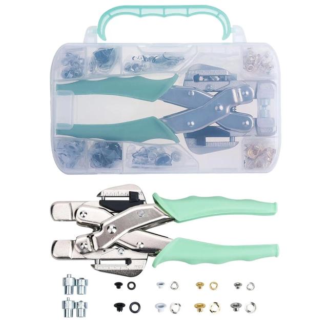 Kit Completo de Alicates para Ilhós - Ferramenta Tudo-em-Um com Acabamentos Ouro, Prateado, Branco e Preto, Medidas de 1,8" e 3,16"