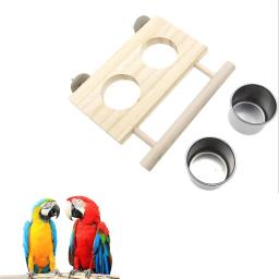Alimentador de pássaro de aço inoxidável com suporte de madeira Double Pet Feeding Bowl, Suprimentos de rega de papagaio - Image 1