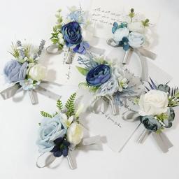 Empoeirado Azul Artificial Flores Casamento Boutonniere Corsage dama Noivo Handmade Acessórios Pulseira Casamento Pinos - Image 1