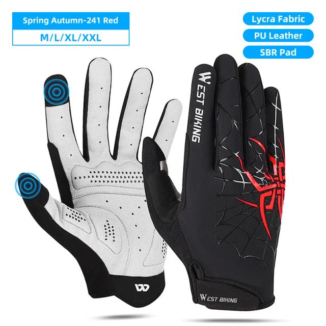 Luvas de Ciclismo Antiderrapantes com Dedo Inteiro e Toque Sensível para Homens e Mulheres - Padrão de Aranha para MTB na Primavera e Verão
