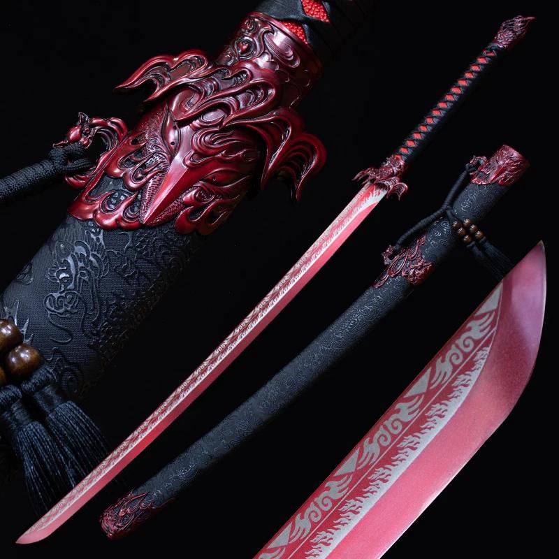 Espada de batalha chinesa kongfu feita à mão, lâmina de aço de alto manganês, tang completo real pronto para treinamento, chama vermelha catana - Image 1