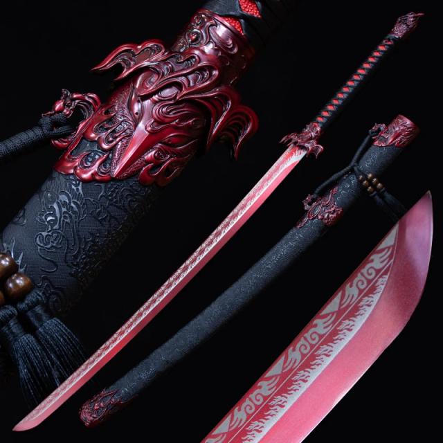 Espada de batalha chinesa kongfu feita à mão, lâmina de aço de alto manganês, tang completo real pronto para treinamento, chama vermelha catana
