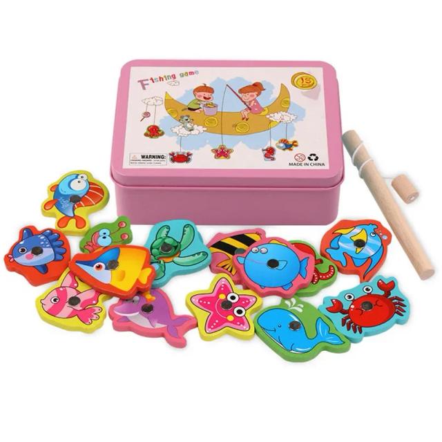 Brinquedo de Pesca Magnética de Madeira Montessori Cognição Marinha Brinquedo Educativo Interativo para Crianças