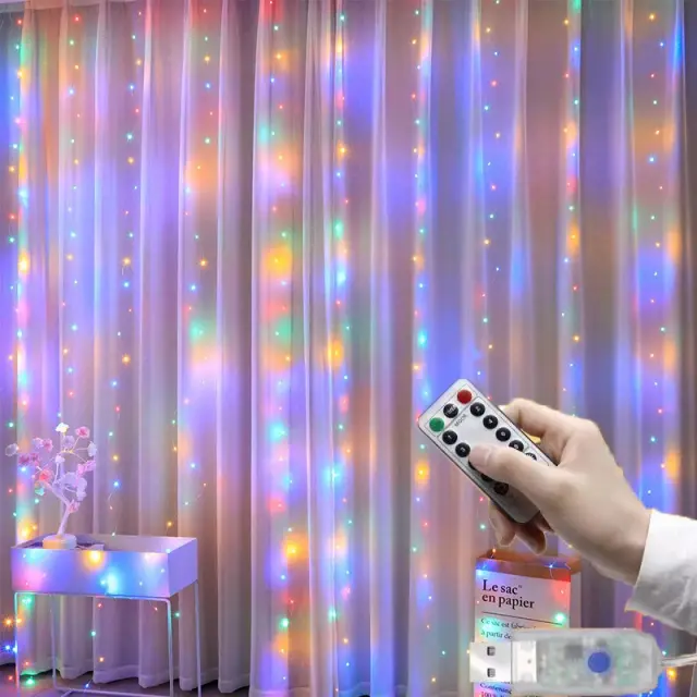 Cortina de Luzes de LED Garland com Controle Remoto e USB para Decoração de Festas, Casamentos e Ambientes Aconchegantes, 8 Modos de Iluminação