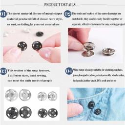 Botões de pressão costurados para costura, fixadores de metal, prendedores de pressão, preto, prata, dourado, 10mm, 21mm, 10-50 conjuntos - Image 3