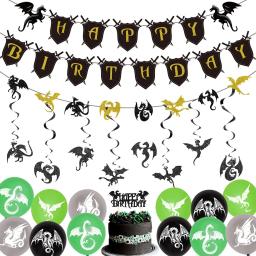 Decorações de festa de aniversário temáticas do dragão para meninos, redemoinhos suspensos, banner e balões, verde e preto, suprimentos para festa - Image 1