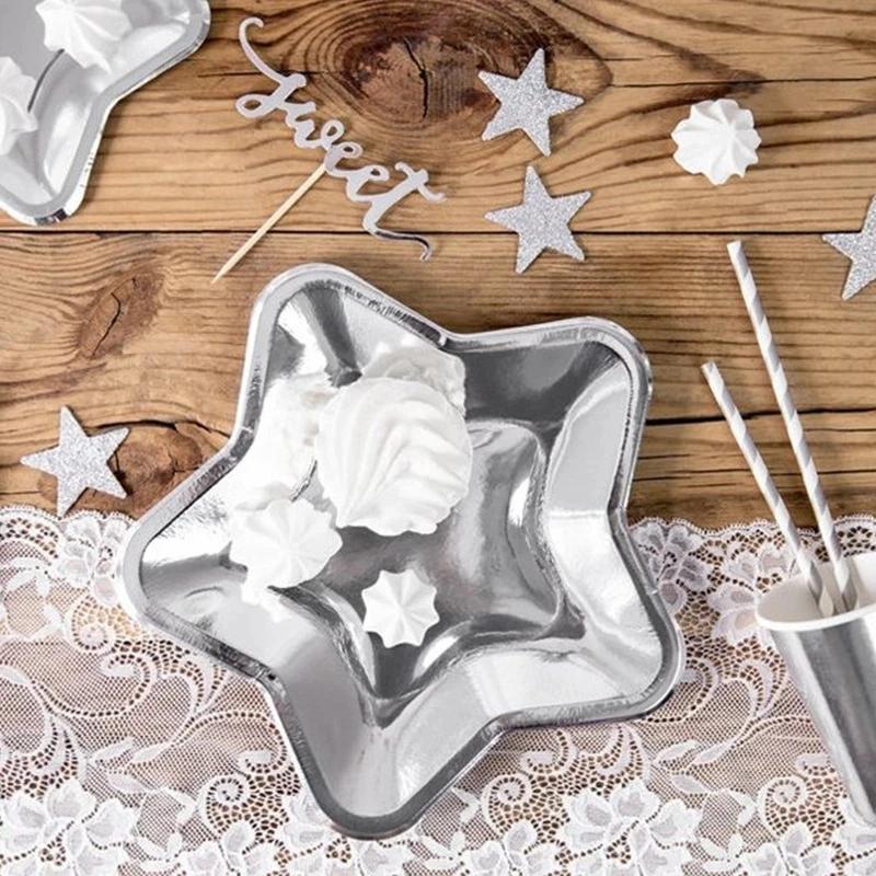 Placa descartável de papel estrela de cinco pontas, ouro e cor prata, talheres, chuveiro de bebê, aniversário, casamento, Natal Fontes do partido, 10pcs - Image 1