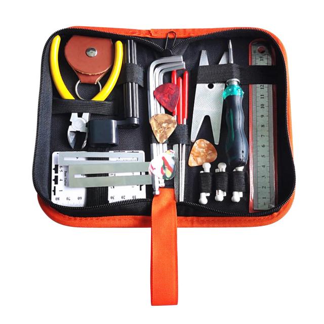 Kit Completo de Ferramentas para Reparação de Guitarras e Ukuleles com Saco de Transporte e Itens de Limpeza - 26 Peças Essenciais para Músicos