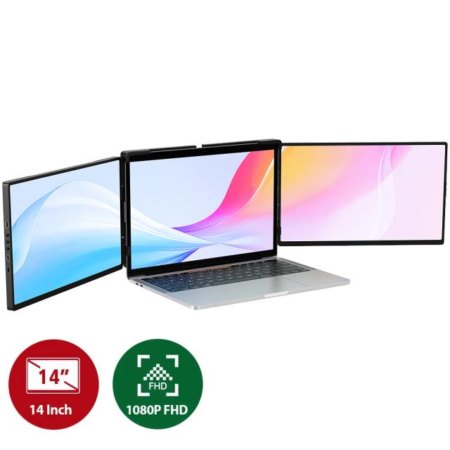 Monitor Triplo Dobrável 1080P FHD IPS com Kickstand, Mini HDMI e USB-C para Laptops de 13 a 16 polegadas