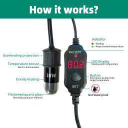 USB Ajustável Mini Aquecedor de Aquário, Aquecedor Submersível Pequeno Aquário com Display Digital LED, Termostato, Tanques Tartaruga Calor, 10W - Image 2