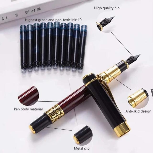 Caneta de Grão de Madeira para Negócios - Ideal para Assinaturas, Caligrafia e Presentes, Acompanha 10 Sacos de Tinta Azul