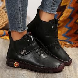 Botas de couro PU para mulheres, antiderrapante, laço de gancho, salto plano, botas de plataforma, curto, quente, outono, inverno, 2024 - Image 3