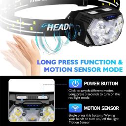 9 led forte luz farol usb recarregável sensor de movimento farol portátil pesca acampamento ao ar livre lâmpada cabeça 1200mah - Image 3