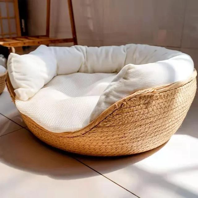 Cama de Bambu Confortável para Animais: Cestas Aconchegantes com Almofada Removível, Ideal para Gatos e Cachorros em Qualquer Estação