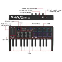 M-VAVE-Teclado portátil MIDI Control, 25 teclas, USB, controlador com 25 velocidades, teclas sensíveis, 8 almofadas RGB retroiluminadas - Image 3