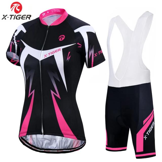 Conjunto de Ciclismo Feminino X-tiger com Babador e Manga Curta - Roupas AntiuV e de Secagem Rápida para Verão e Montanha