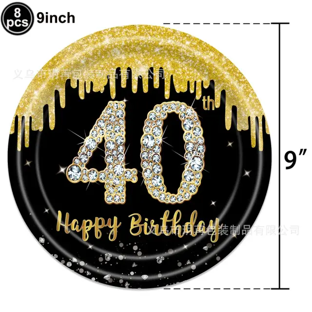 Conjunto Festivo Preto e Dourado: Chapas de Papel, Copos e Guardanapos para Aniversários de 30 a 60 Anos