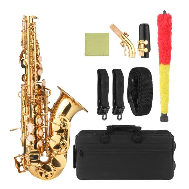 Saxofone Soprano Bb Laca Dourada com Acessórios Completo: Caixa, Bocal, Alça, Pano e Escova para Músicos Iniciantes